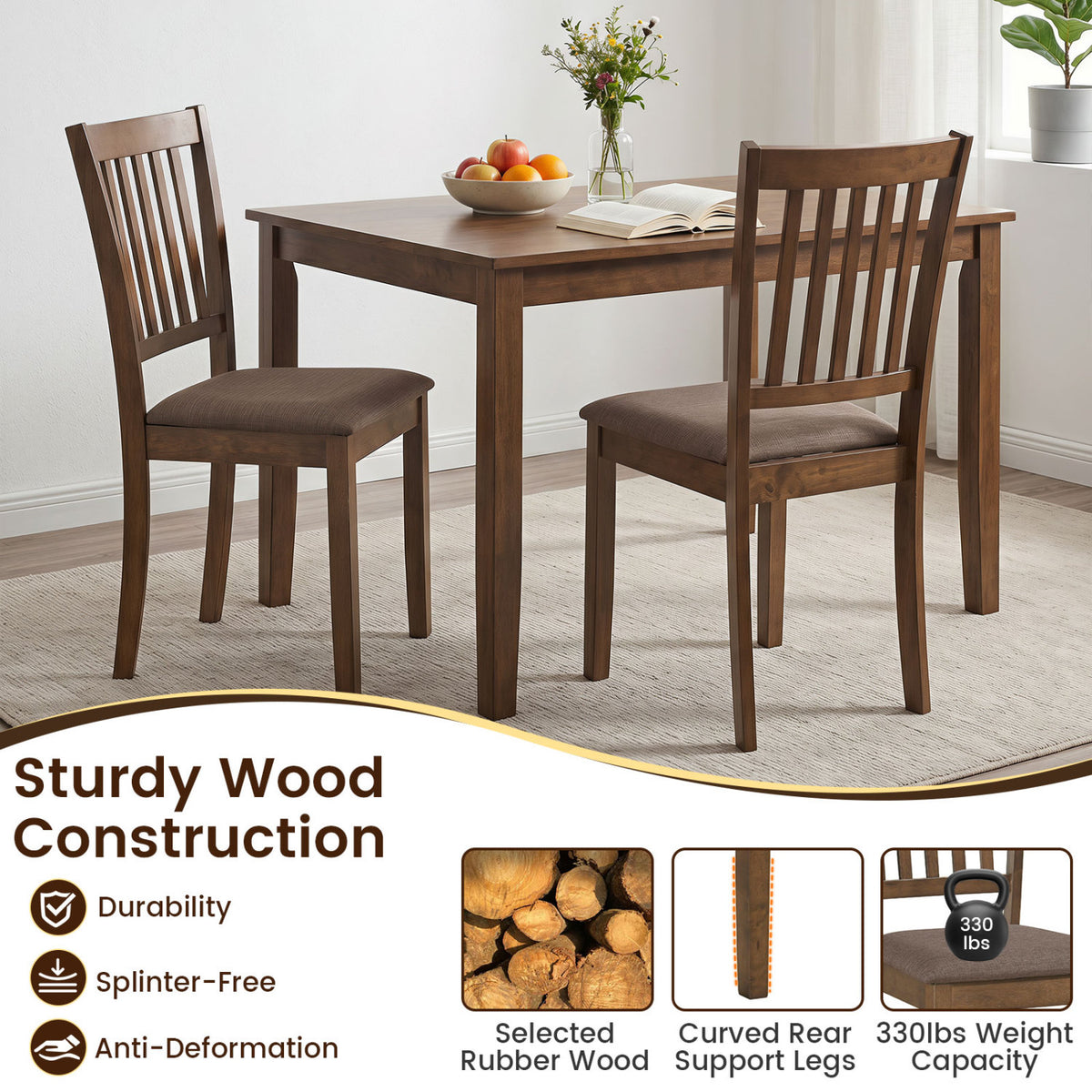 Set of 4 Wooden Upholstered Dining Chairs with Rubber Wood Frame-Brown view 8
