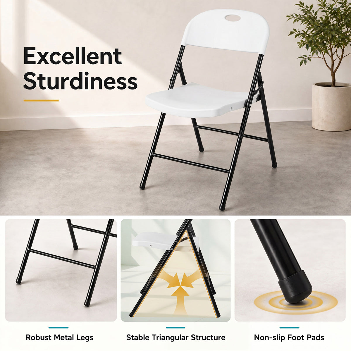 Set of 6 Foldable Plastic Chairs with Ergonomic Backrest-White view 6