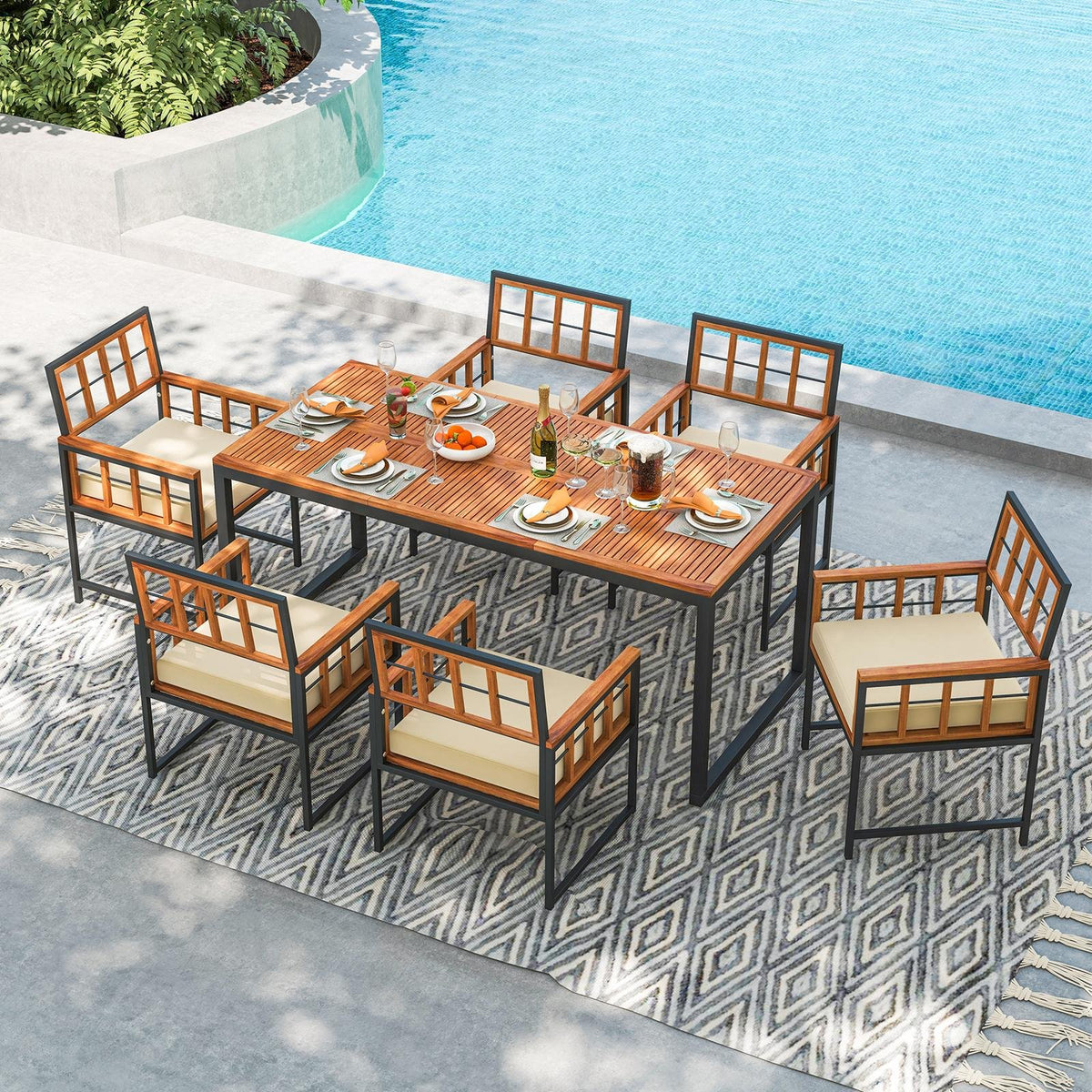 Set of 6 Patio Dining Chairs Acacia Wood Armchairs with Cushions view 2