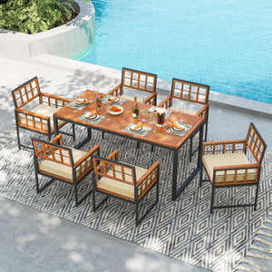 Set of 6 Patio Dining Chairs Acacia Wood Armchairs with Cushions view 2