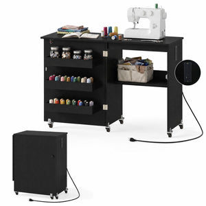 Sewing Machine Table with Charging Station and Lockable Casters-Black