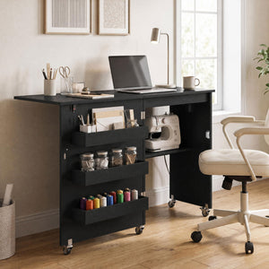 Sewing Machine Table with Charging Station and Lockable Casters-Black view 6