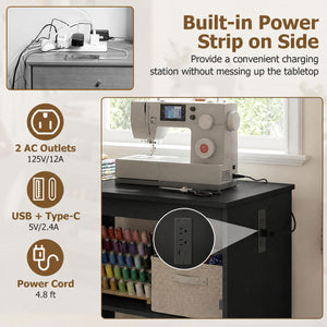 Sewing Machine Table with Charging Station and Lockable Casters-Black view 8