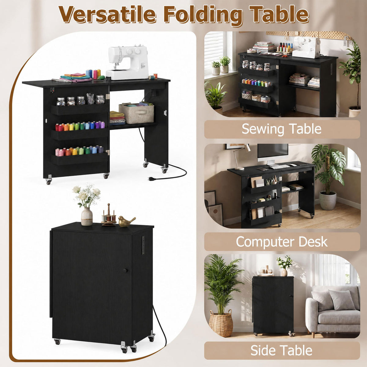 Sewing Machine Table with Charging Station and Lockable Casters-Black view 9