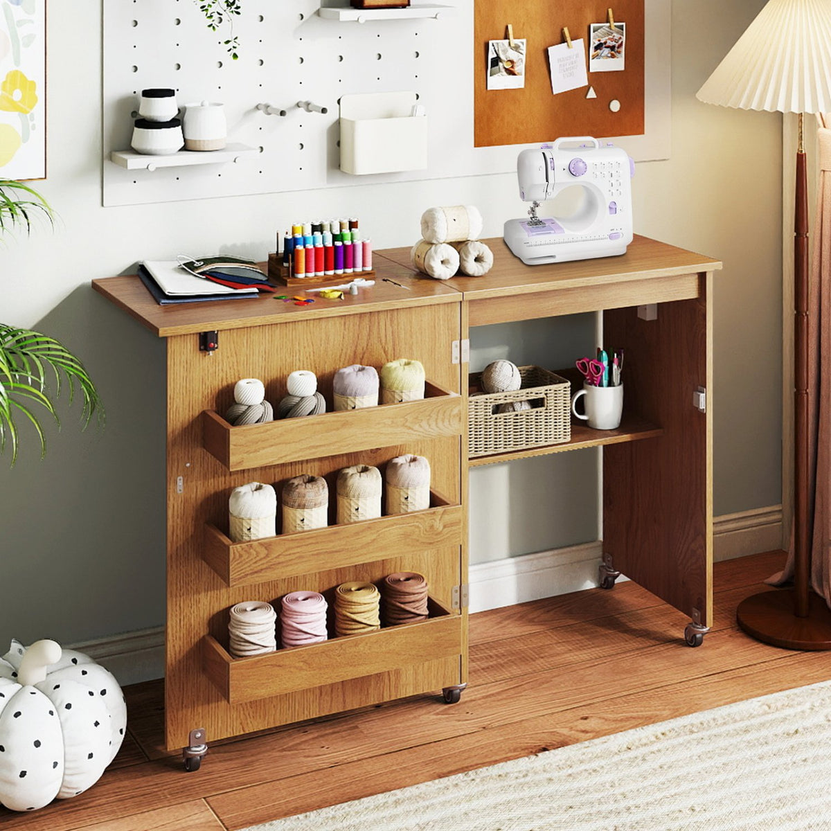 Sewing Machine Table with Charging Station and Lockable Casters-Natural view 2