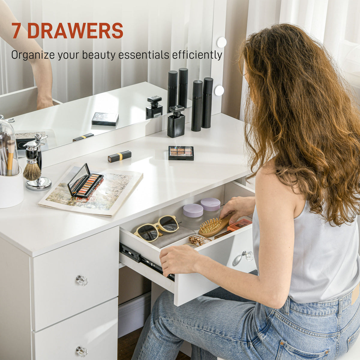 Makeup Vanity Table, Dressing Table with Mirror and Lights, Modern Makeup Table with 7 Drawers and 10 LED Lights, White