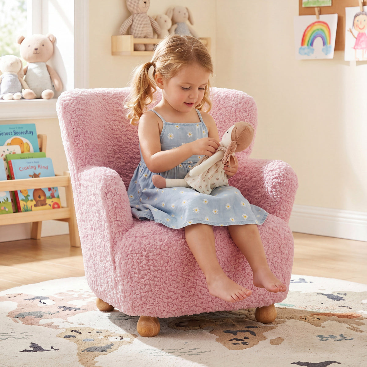 Sherpa Kids Sofa Comfy Toddler Armchair with Solid Rubber Wood Legs-Light Pink view 2