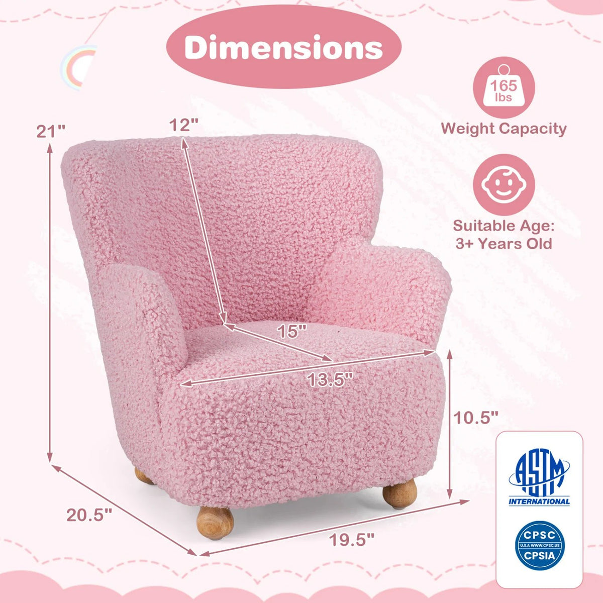 Sherpa Kids Sofa Comfy Toddler Armchair with Solid Rubber Wood Legs-Light Pink view 5