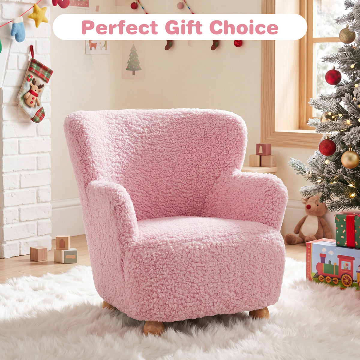 Sherpa Kids Sofa Comfy Toddler Armchair with Solid Rubber Wood Legs-Light Pink view 6