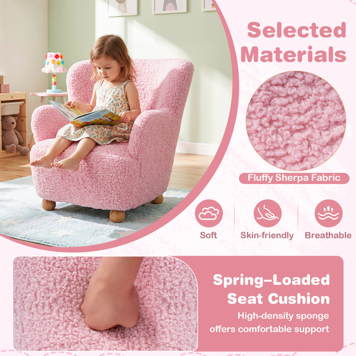 Sherpa Kids Sofa Comfy Toddler Armchair with Solid Rubber Wood Legs-Light Pink view 7