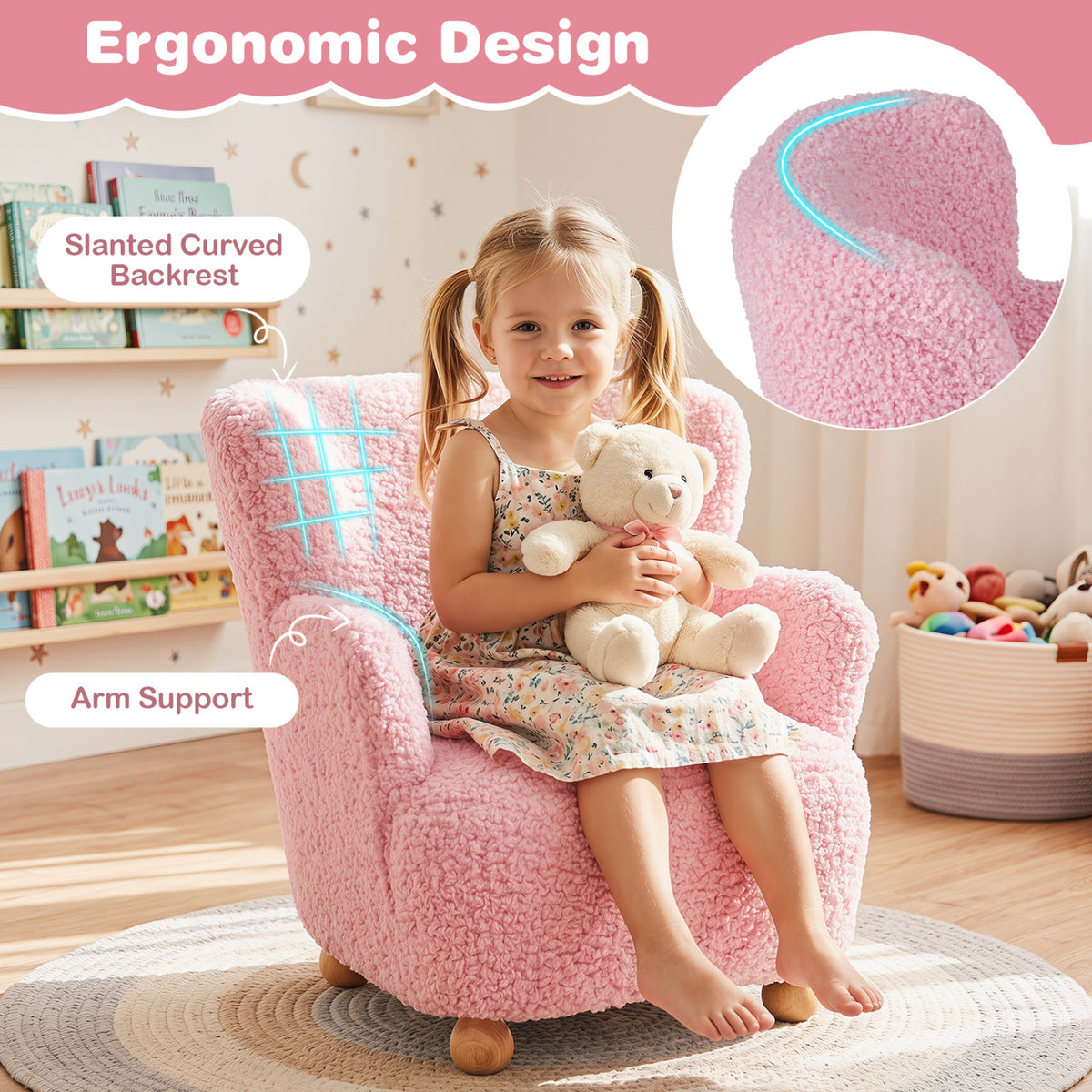 Sherpa Kids Sofa Comfy Toddler Armchair with Solid Rubber Wood Legs-Light Pink view 8