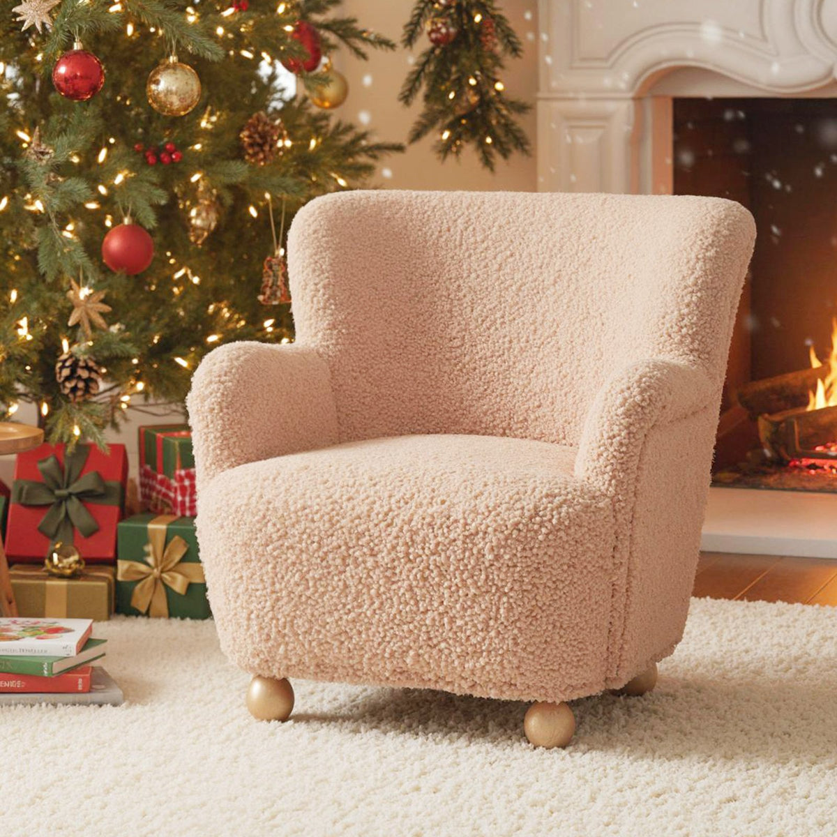 Sherpa Kids Sofa Comfy Toddler Armchair with Solid Rubber Wood Legs-Pink view 3