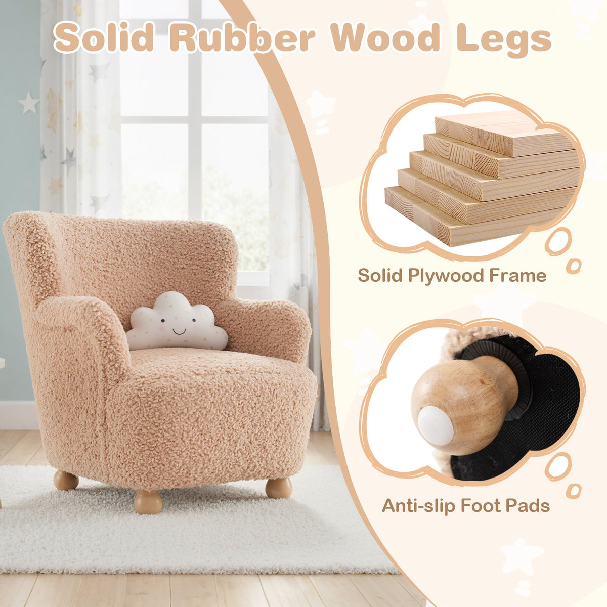 Sherpa Kids Sofa Comfy Toddler Armchair with Solid Rubber Wood Legs-Pink view 9