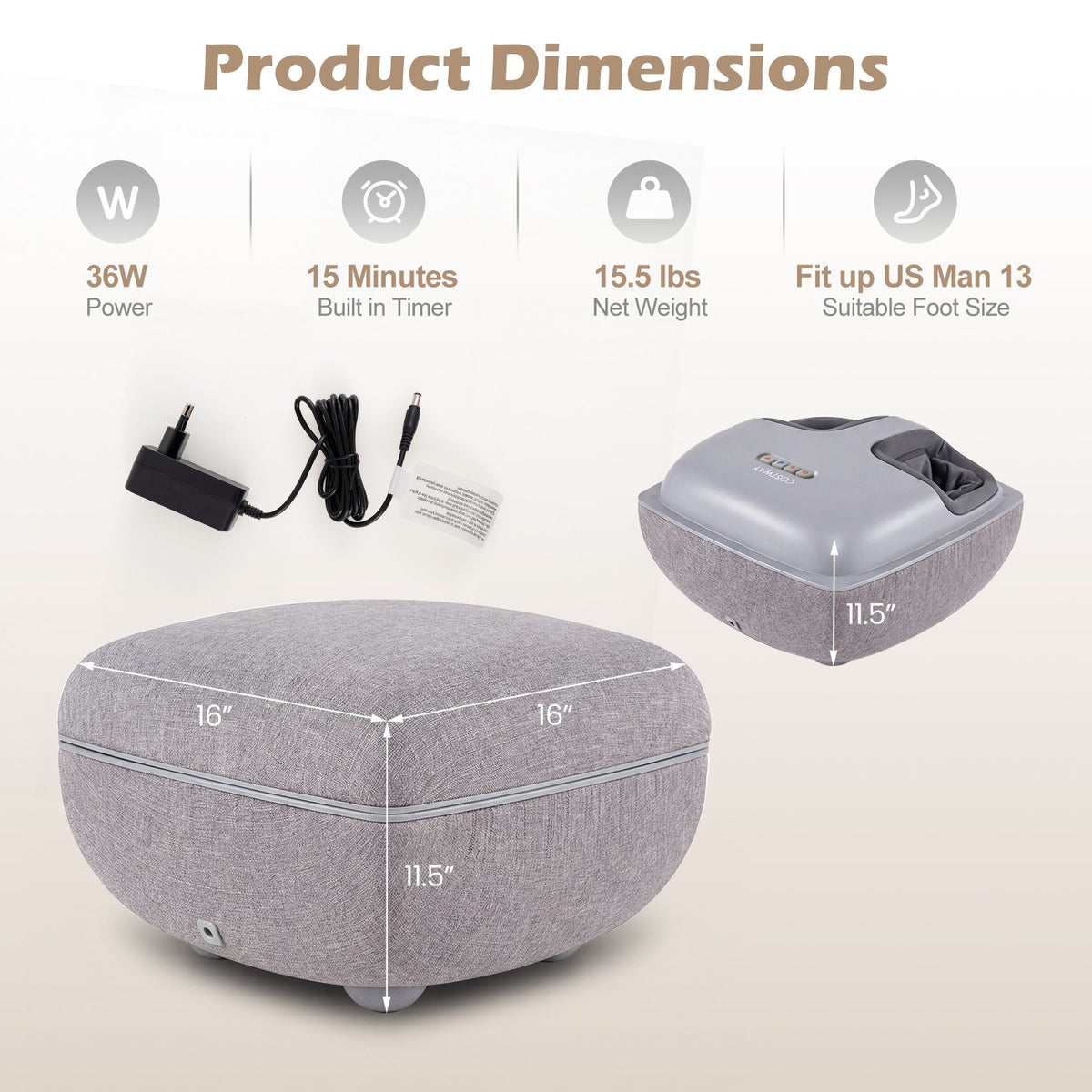 Shiatsu Foot Massager with 3-Level Deep Kneading and Air Compression-Gray view 5