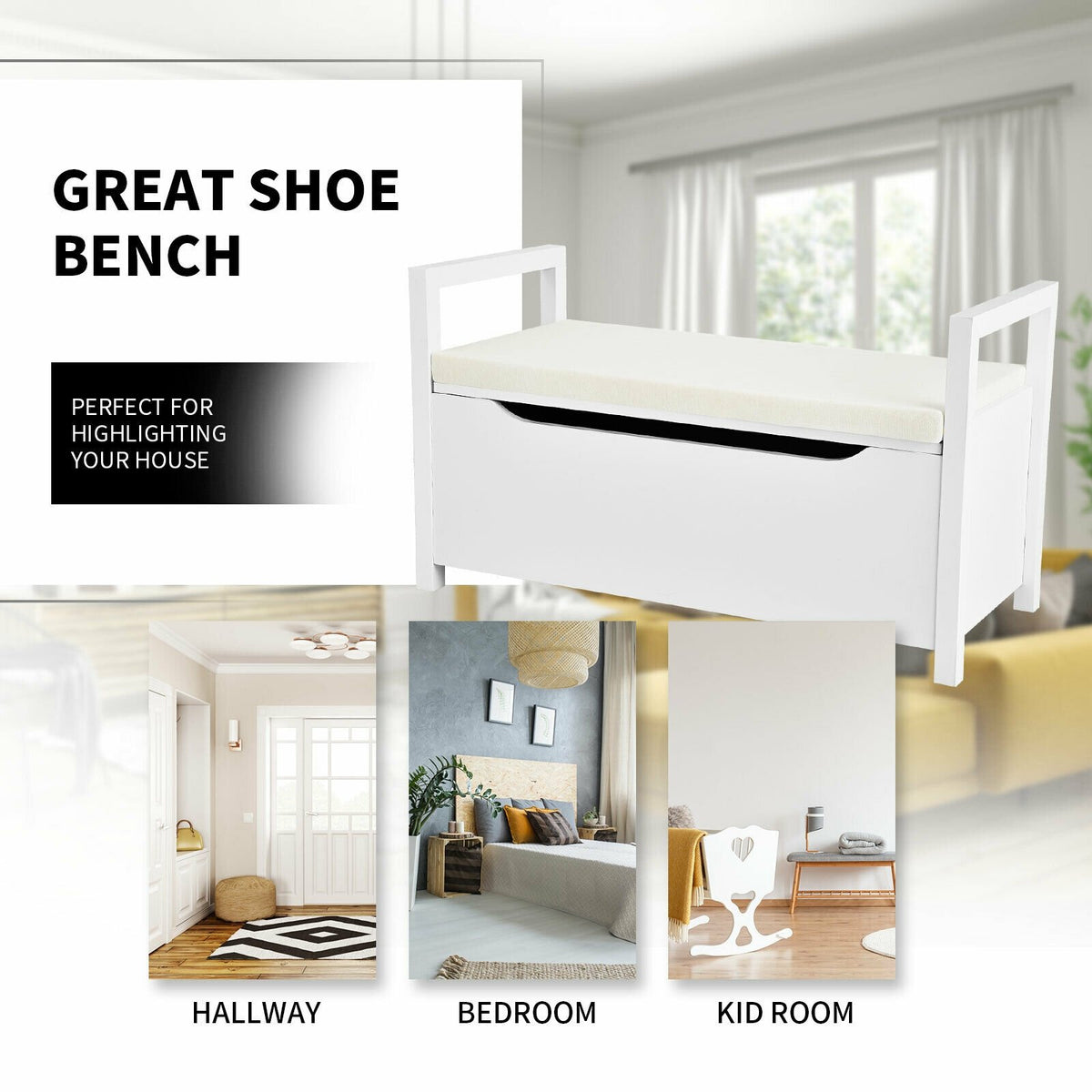 34.5 ×15.5 ×19.5 Inch Shoe Storage Bench with Cushion Seat for Entryway-White view 8
