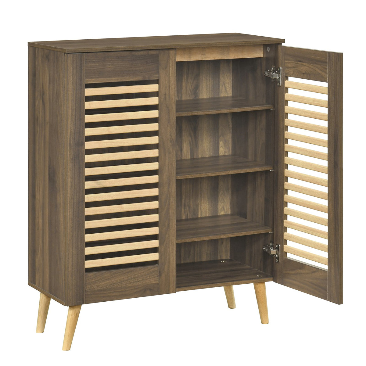 Shoe Cabinet with Louvered Doors and Removable Shelves-Walnut