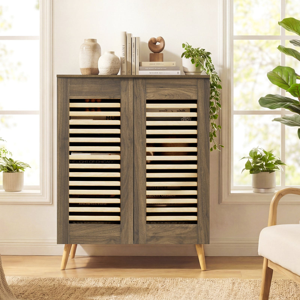 Shoe Cabinet with Louvered Doors and Removable Shelves-Walnut view 2