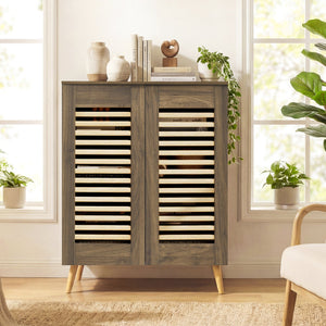 Shoe Cabinet with Louvered Doors and Removable Shelves-Walnut view 2