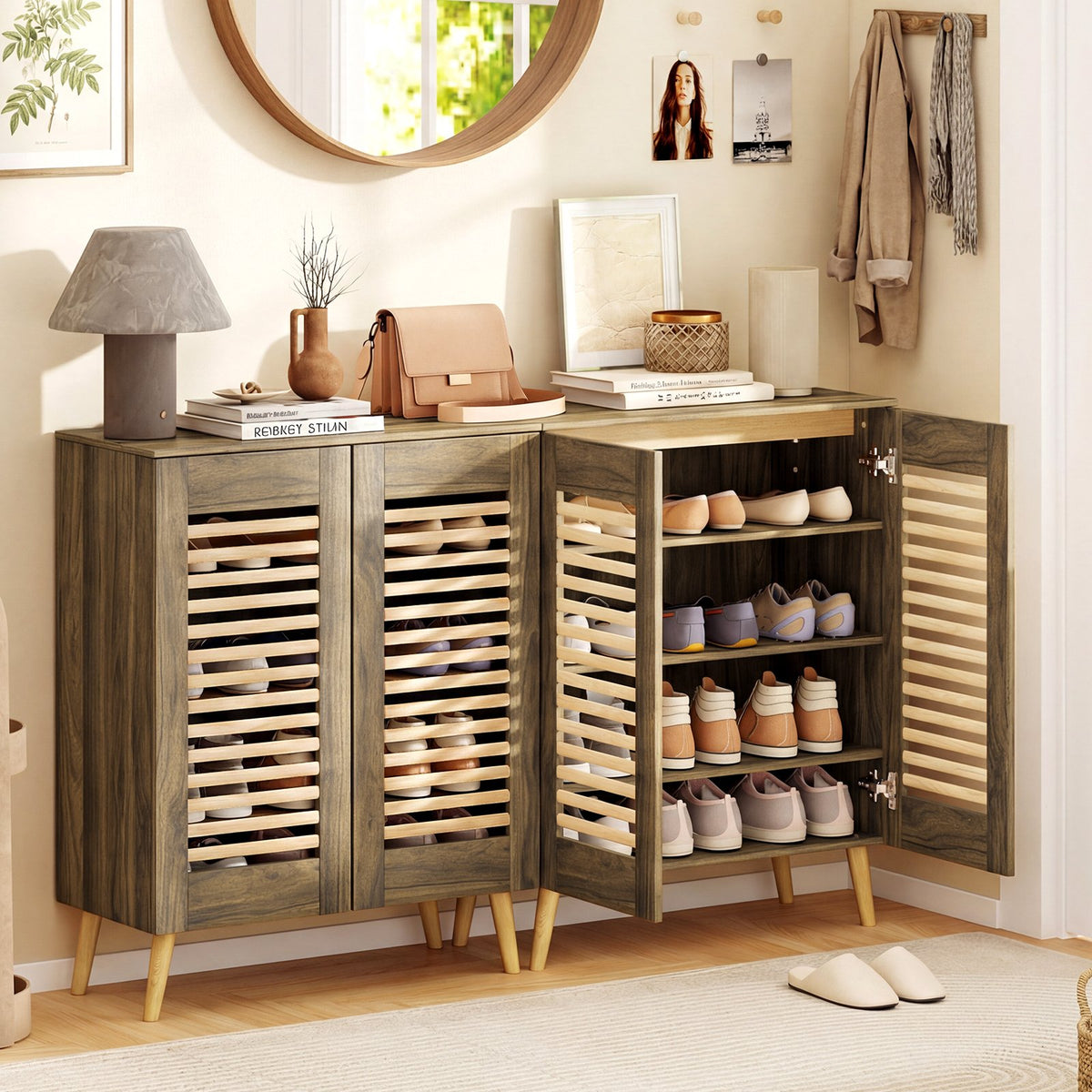 Shoe Cabinet with Louvered Doors and Removable Shelves-Walnut view 3