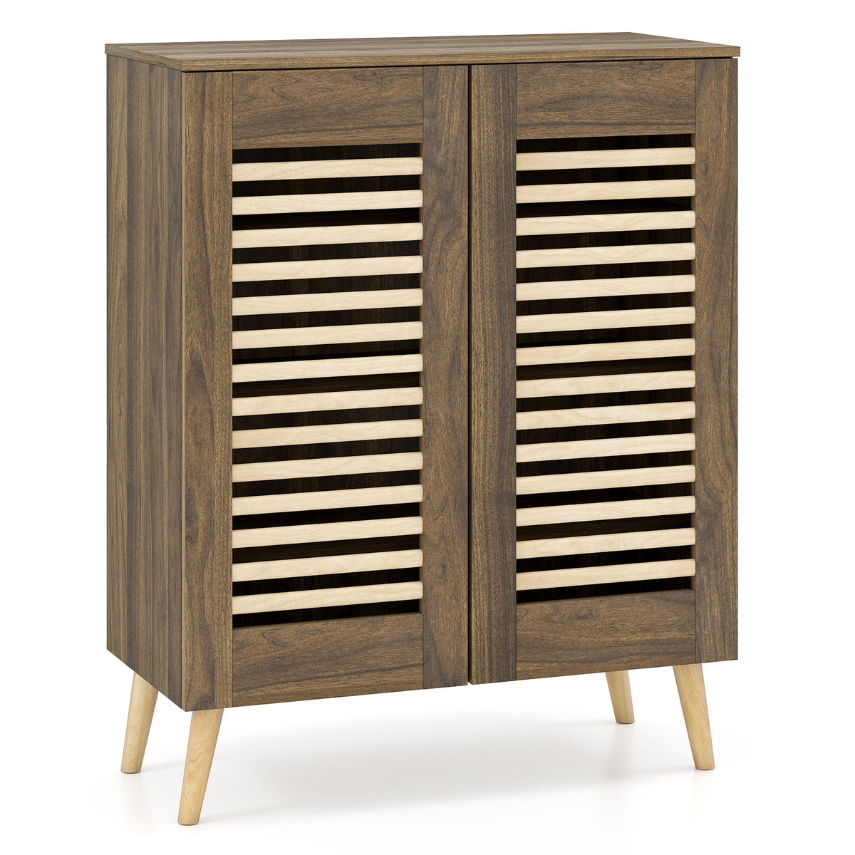 Shoe Cabinet with Louvered Doors and Removable Shelves-Walnut view 4