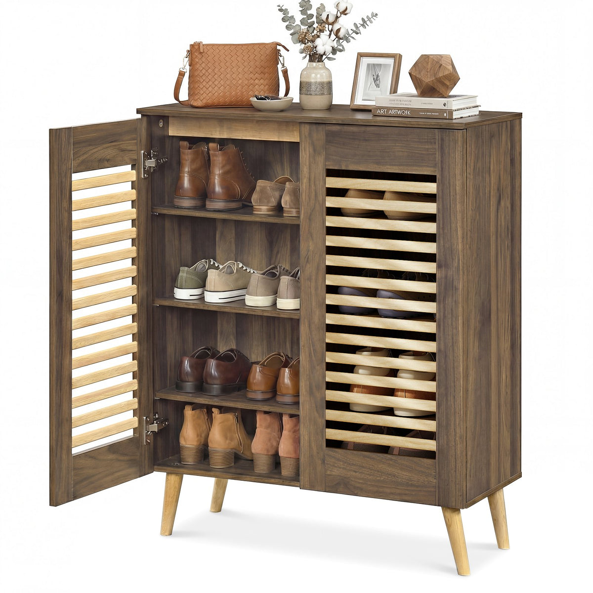 Shoe Cabinet with Louvered Doors and Removable Shelves-Walnut view 5