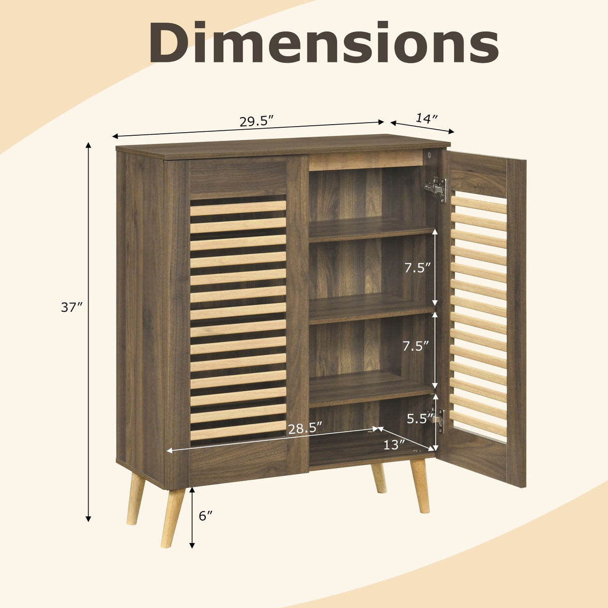 Shoe Cabinet with Louvered Doors and Removable Shelves-Walnut view 6