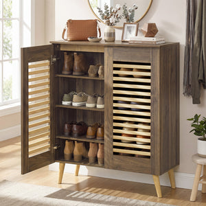 Shoe Cabinet with Louvered Doors and Removable Shelves-Walnut view 8