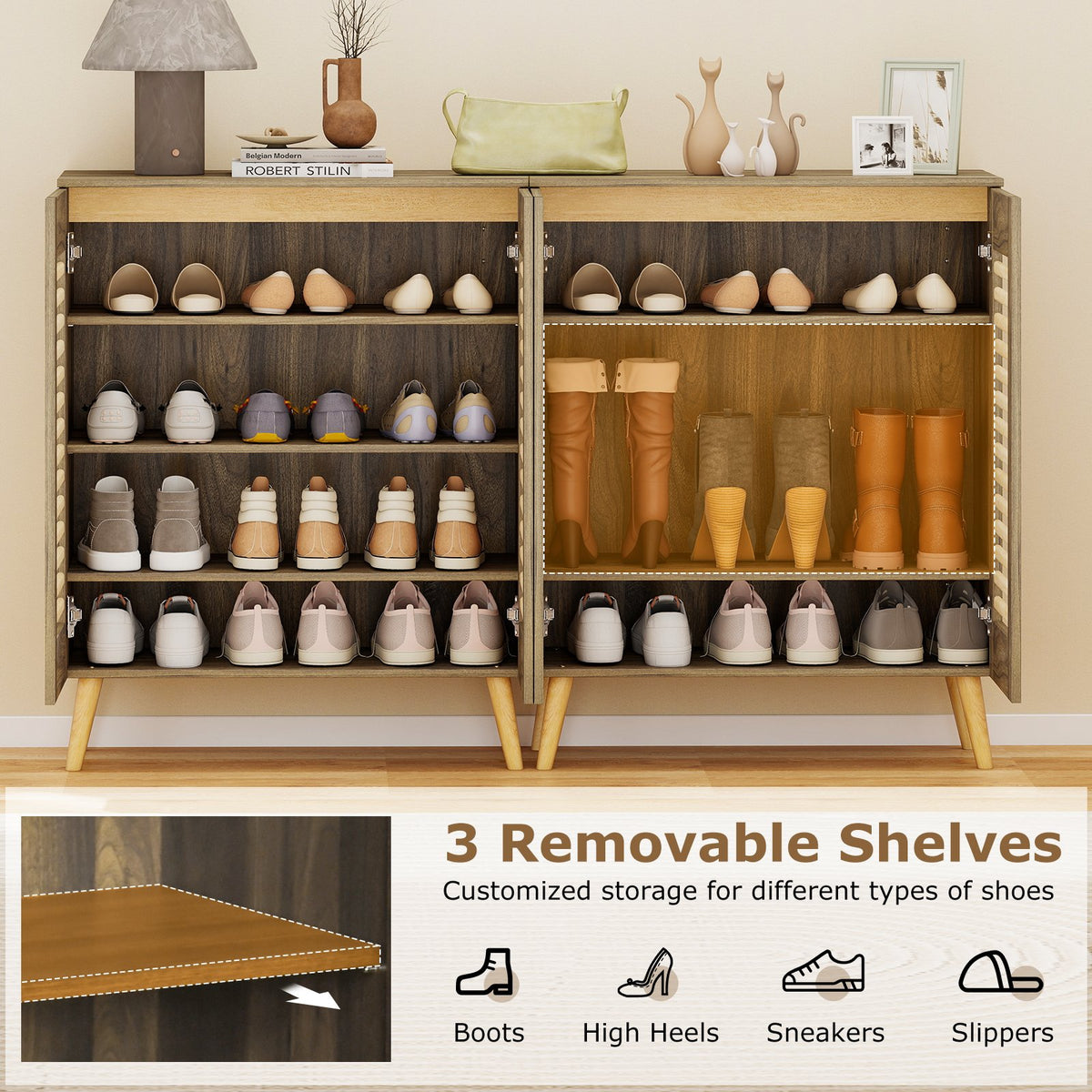 Shoe Cabinet with Louvered Doors and Removable Shelves-Walnut view 9