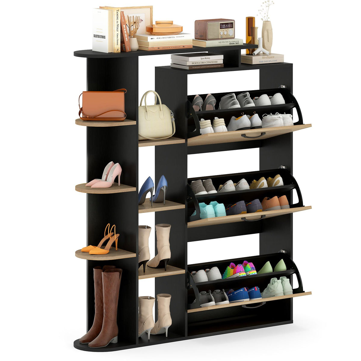 Shoe Cabinet with Open Shelves Modern Shoe Organizer with 3 Flip Drawers-Black