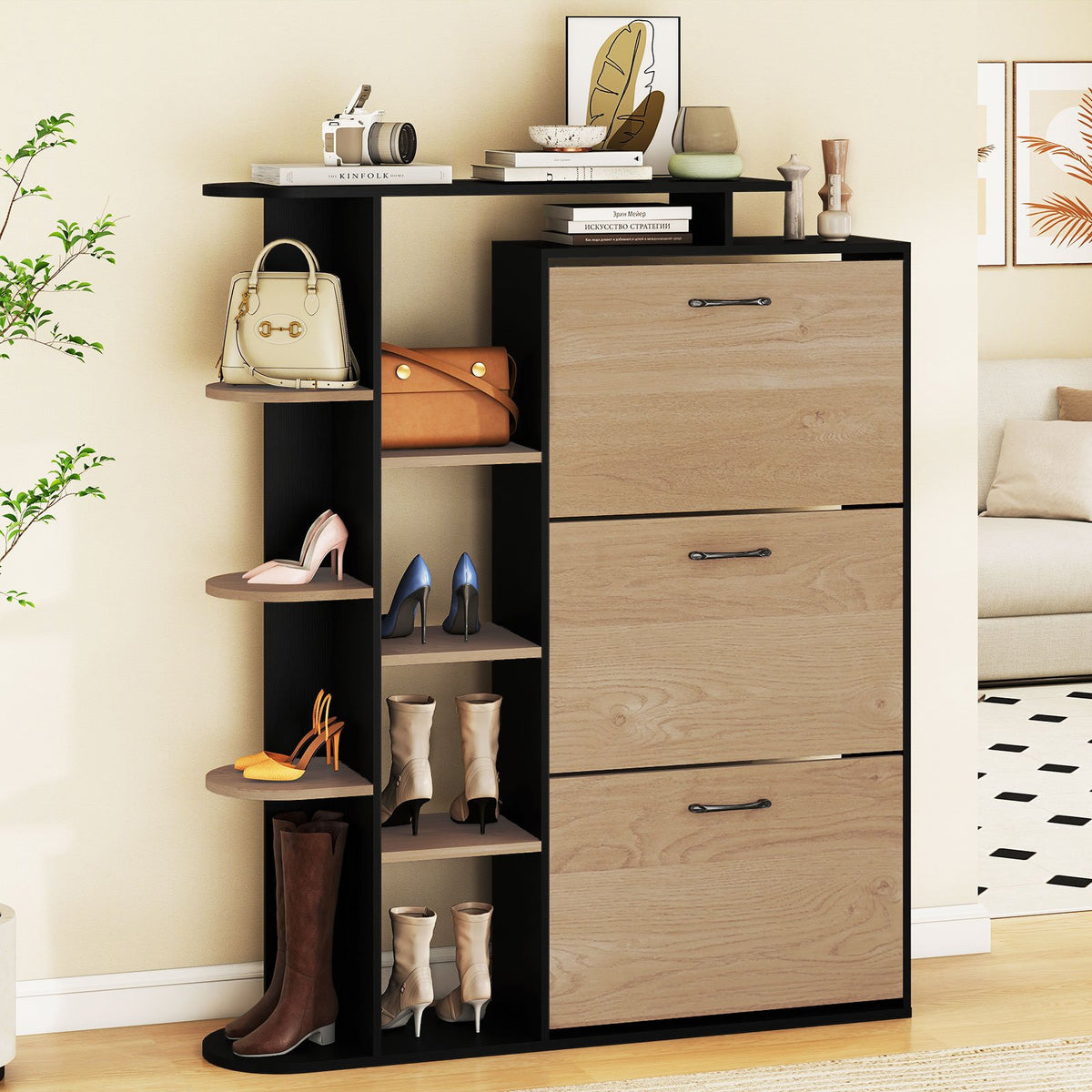Shoe Cabinet with Open Shelves Modern Shoe Organizer with 3 Flip Drawers-Black view 2
