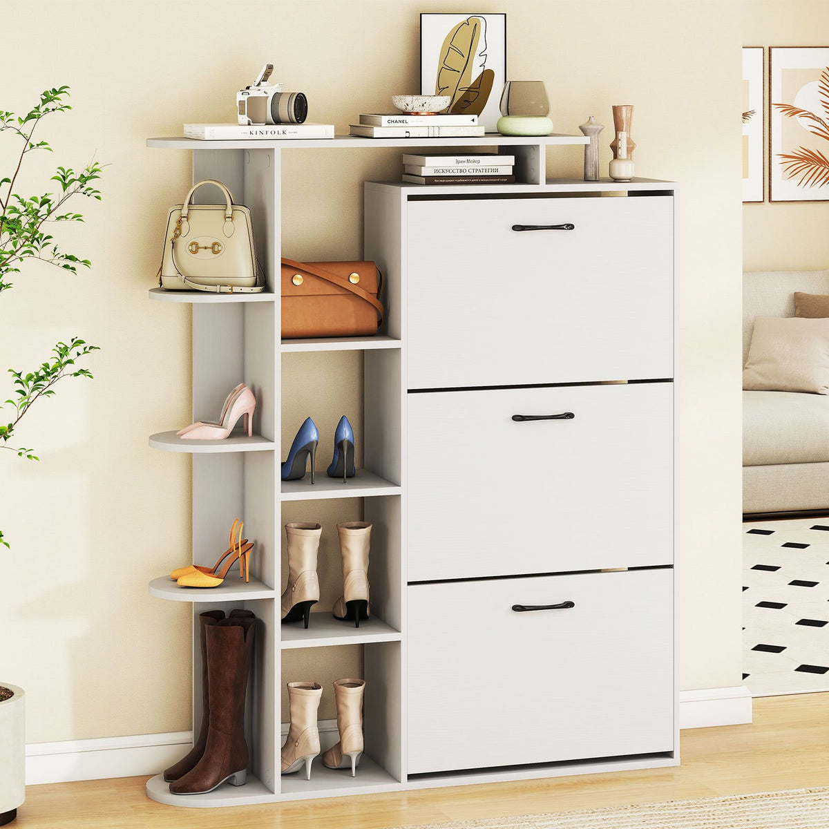 Shoe Cabinet with Open Shelves Modern Shoe Organizer with 3 Flip Drawers-White view 2