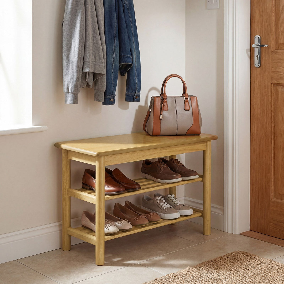 Shoe Rack Bench 3-Tier Rubberwood Shoe Changing Bench-Natrual view 3