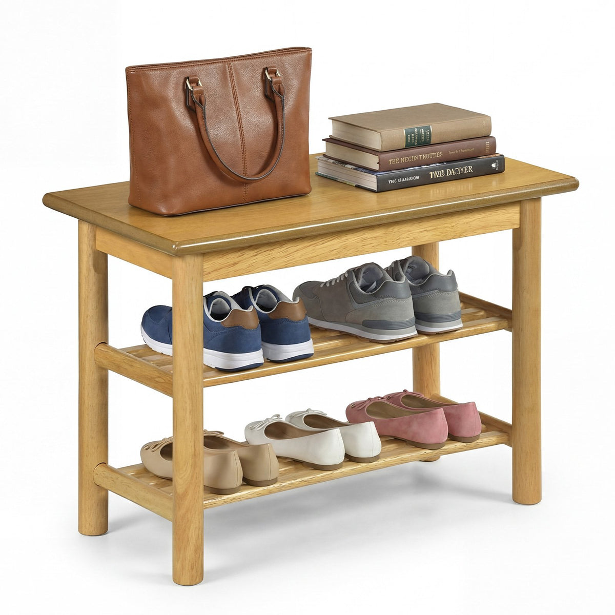 Shoe Rack Bench 3-Tier Rubberwood Shoe Changing Bench-Natrual view 4