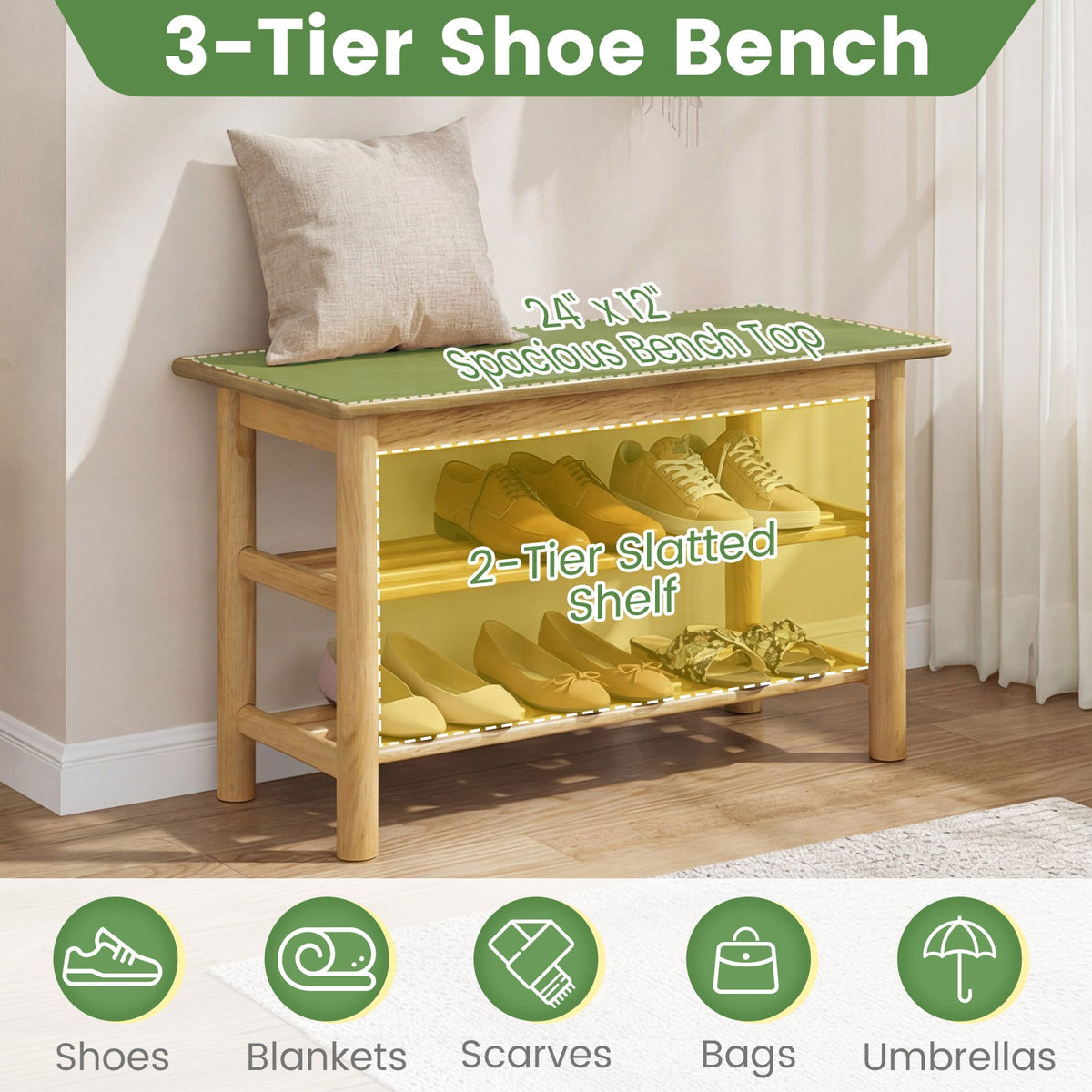 Shoe Rack Bench 3-Tier Rubberwood Shoe Changing Bench-Natrual view 7