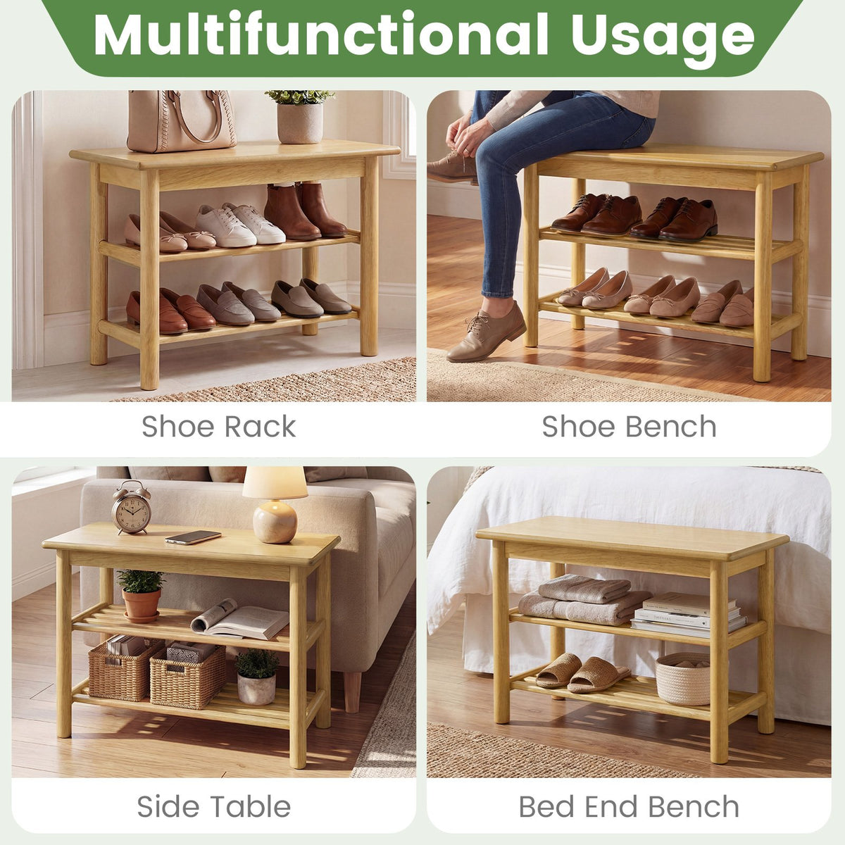 Shoe Rack Bench 3-Tier Rubberwood Shoe Changing Bench-Natrual view 9