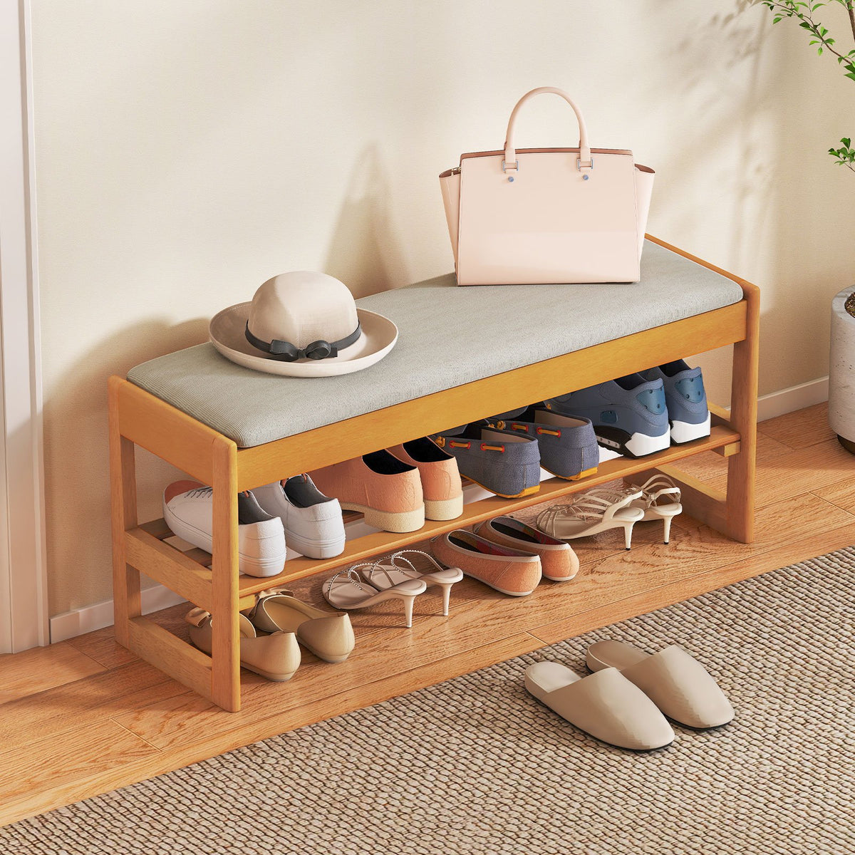 Shoe Rack Bench with Storage 2-Tier Rubberwood Entryway Bench with Flip-Open Storage-Beige