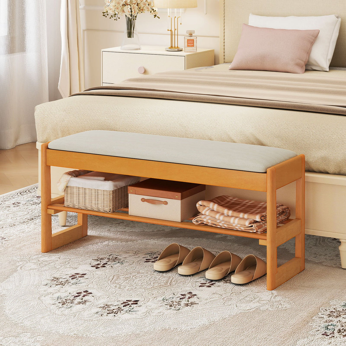 Shoe Rack Bench with Storage 2-Tier Rubberwood Entryway Bench with Flip-Open Storage-Beige view 2