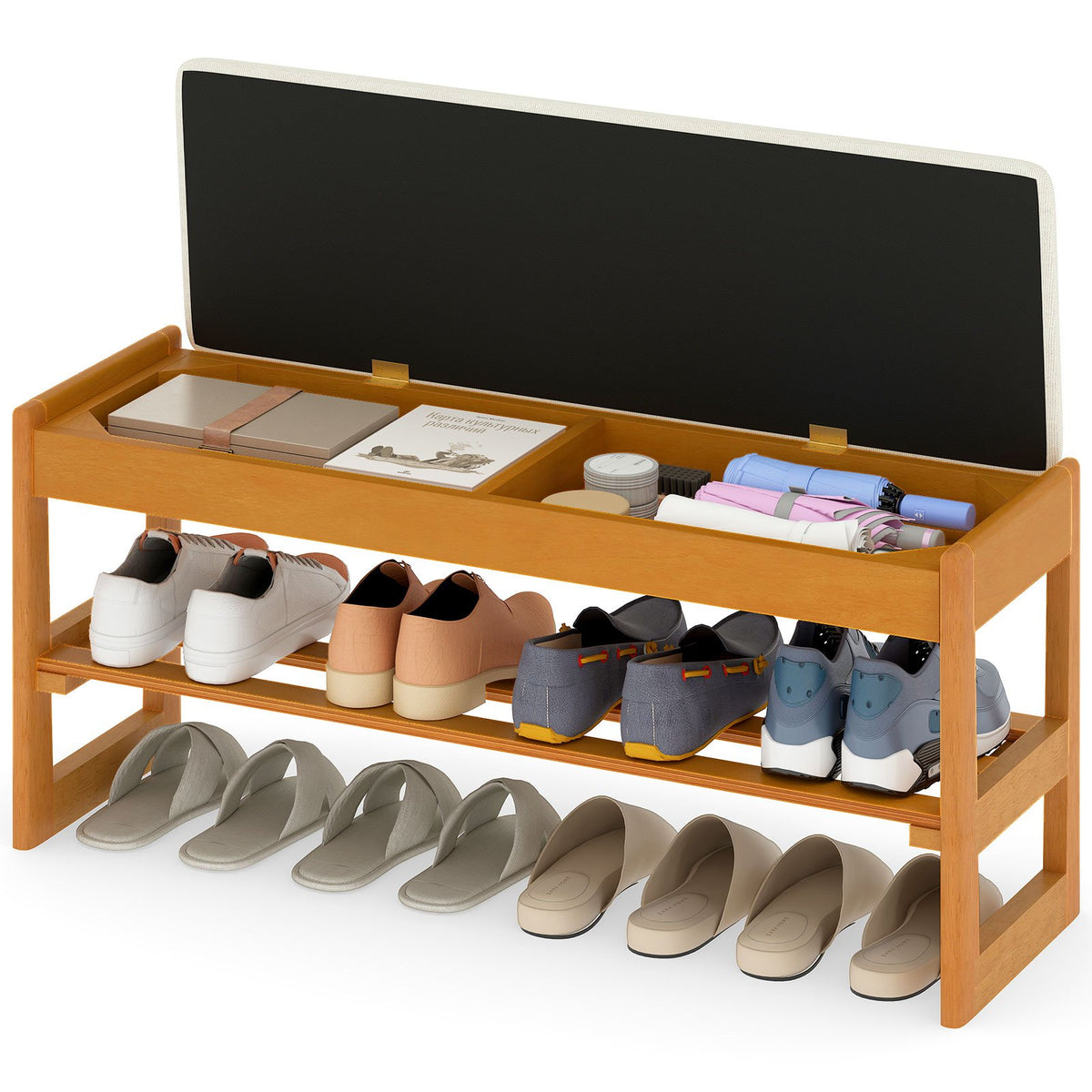 Shoe Rack Bench with Storage 2-Tier Rubberwood Entryway Bench with Flip-Open Storage-Beige view 4