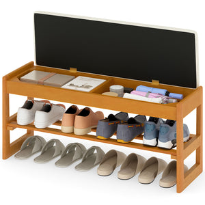 Shoe Rack Bench with Storage 2-Tier Rubberwood Entryway Bench with Flip-Open Storage-Beige view 4