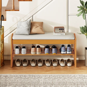 Shoe Rack Bench with Storage 2-Tier Rubberwood Entryway Bench with Flip-Open Storage-Beige view 6