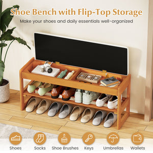 Shoe Rack Bench with Storage 2-Tier Rubberwood Entryway Bench with Flip-Open Storage-Beige view 7