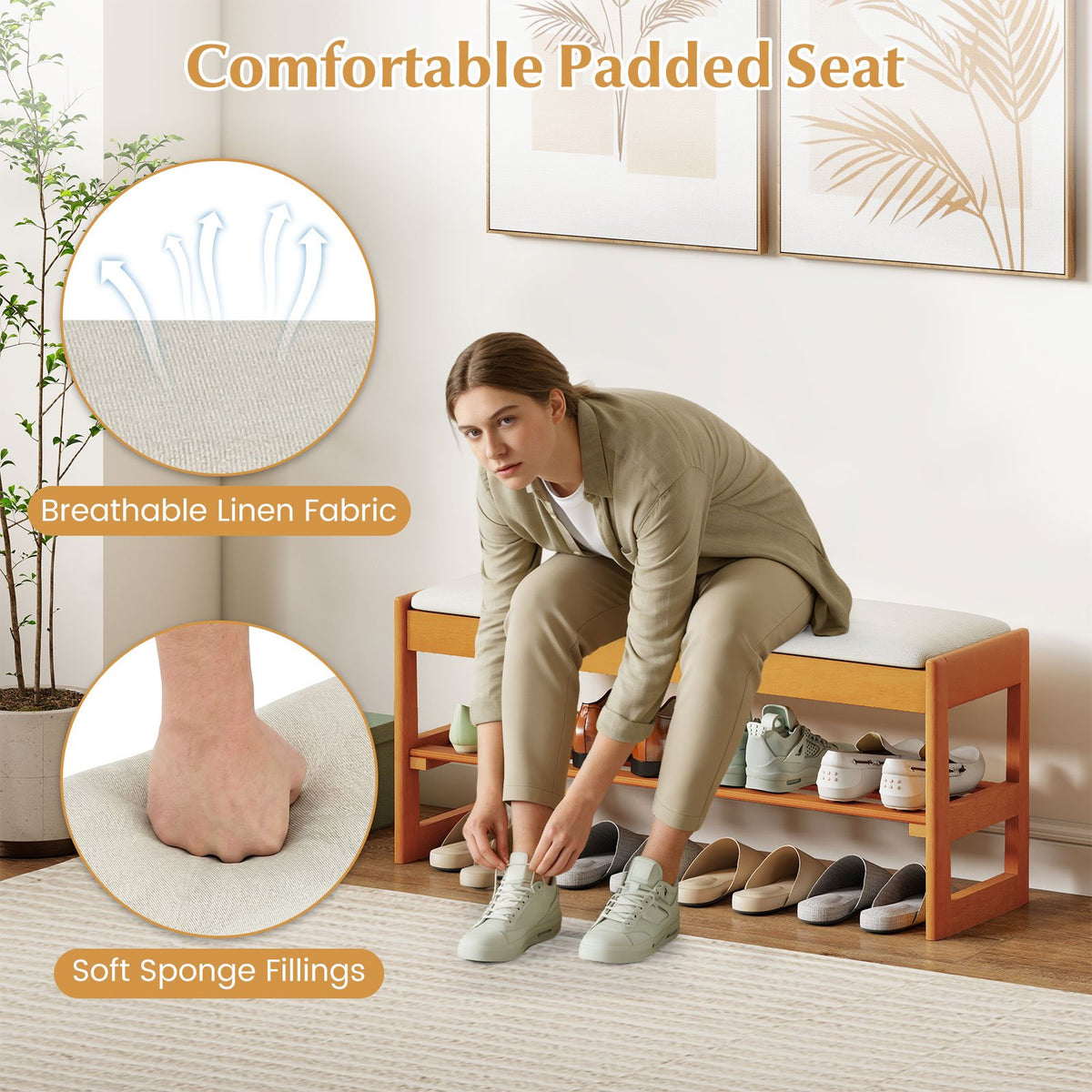 Shoe Rack Bench with Storage 2-Tier Rubberwood Entryway Bench with Flip-Open Storage-Beige view 8