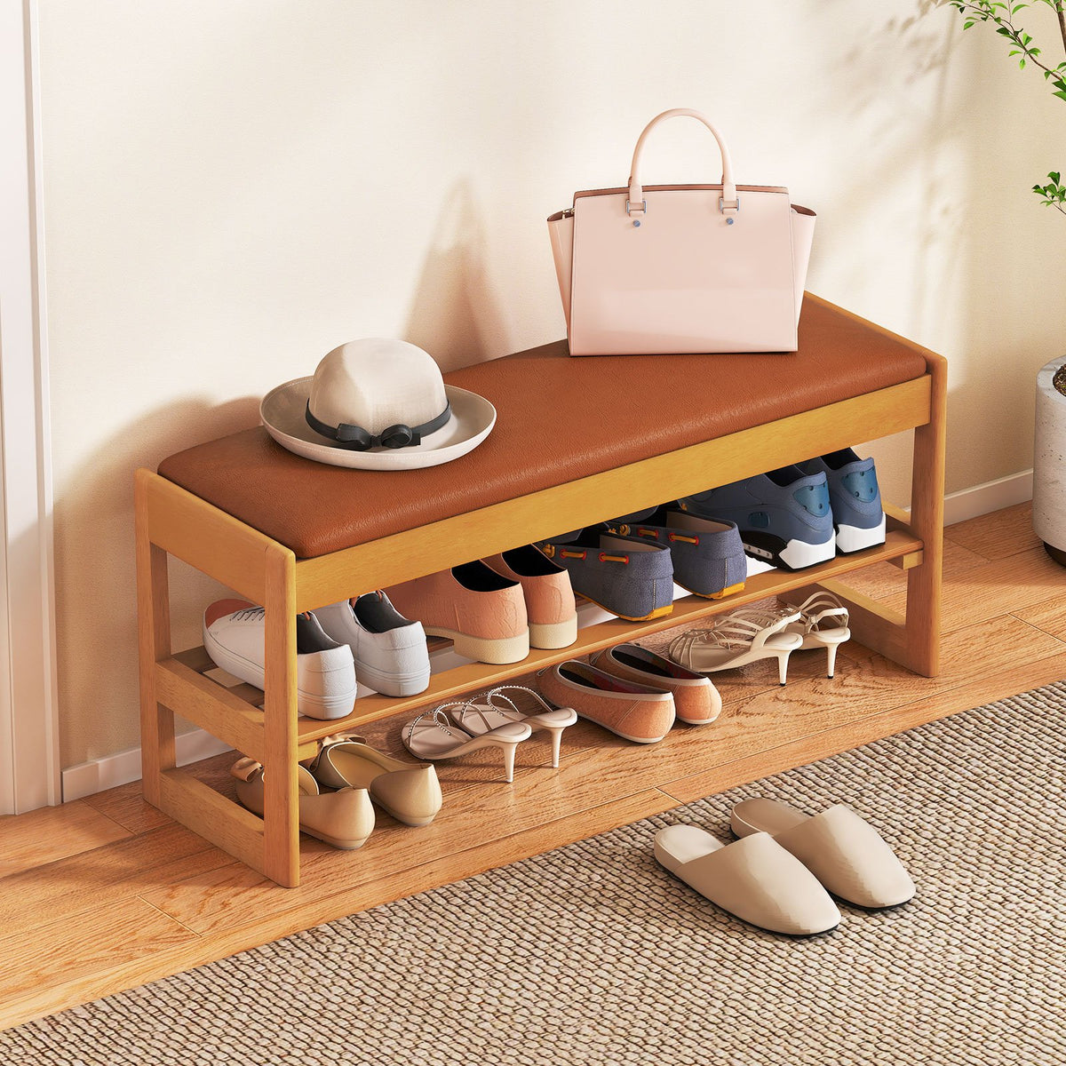 Shoe Rack Bench with Storage 2-Tier Rubberwood Entryway Bench with Flip-Open Storage-Brown