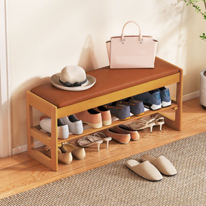 Shoe Rack Bench with Storage 2-Tier Rubberwood Entryway Bench with Flip-Open Storage-Brown
