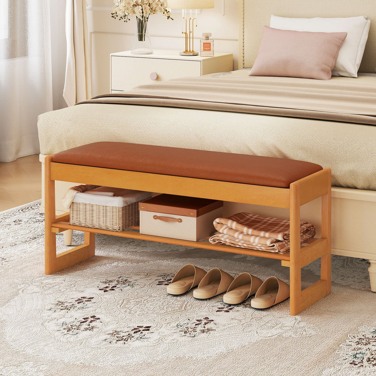 Shoe Rack Bench with Storage 2-Tier Rubberwood Entryway Bench with Flip-Open Storage-Brown view 2