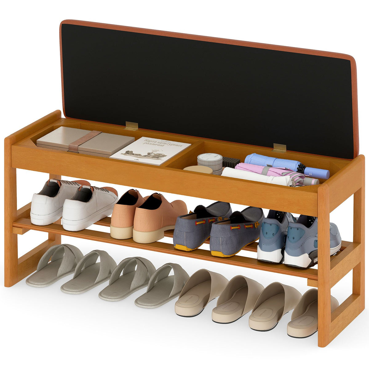 Shoe Rack Bench with Storage 2-Tier Rubberwood Entryway Bench with Flip-Open Storage-Brown view 4