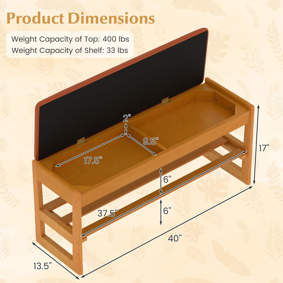 Shoe Rack Bench with Storage 2-Tier Rubberwood Entryway Bench with Flip-Open Storage-Brown view 5