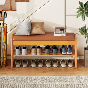 Shoe Rack Bench with Storage 2-Tier Rubberwood Entryway Bench with Flip-Open Storage-Brown view 6