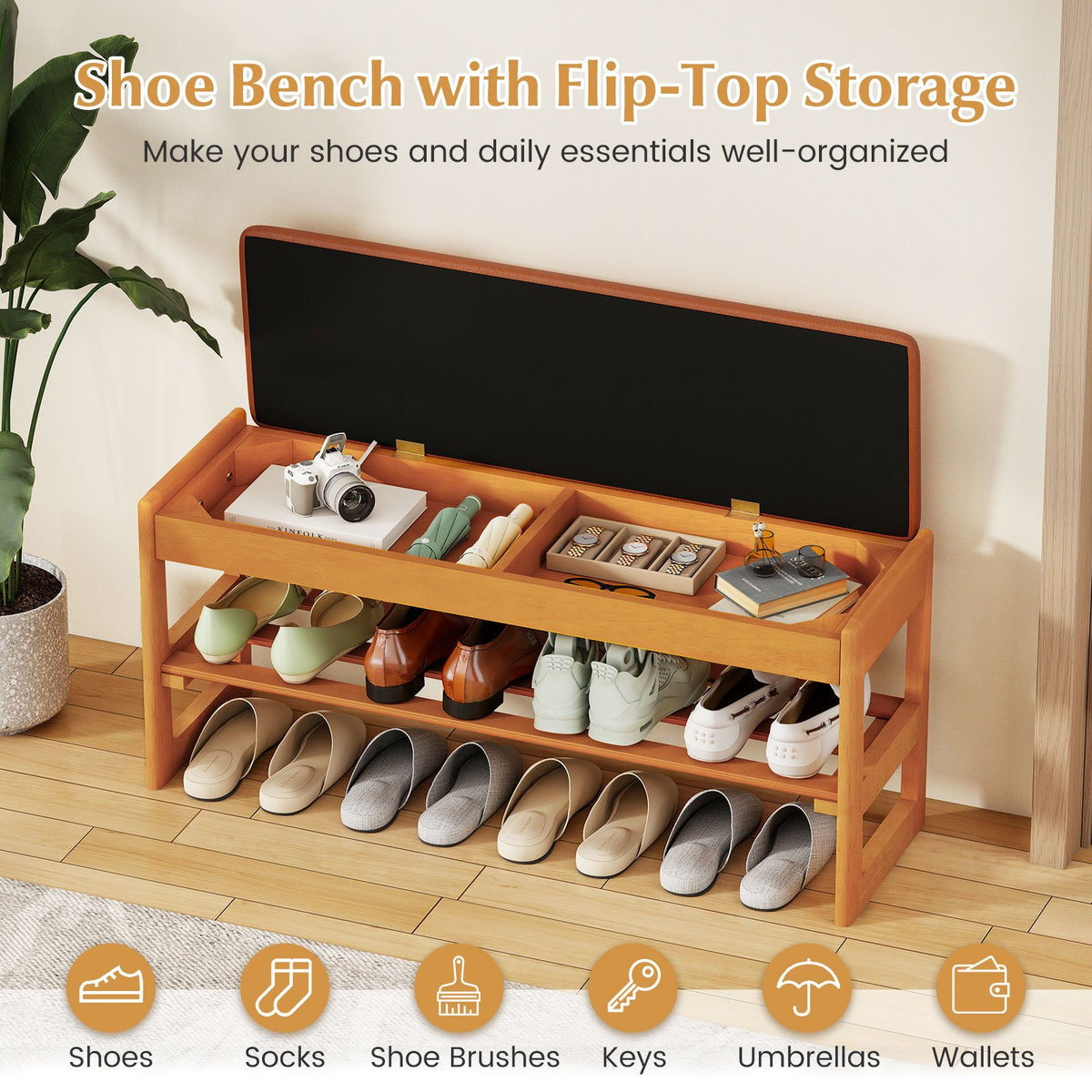 Shoe Rack Bench with Storage 2-Tier Rubberwood Entryway Bench with Flip-Open Storage-Brown view 7