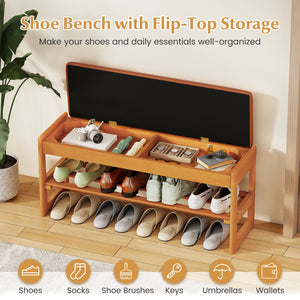 Shoe Rack Bench with Storage 2-Tier Rubberwood Entryway Bench with Flip-Open Storage-Brown view 7
